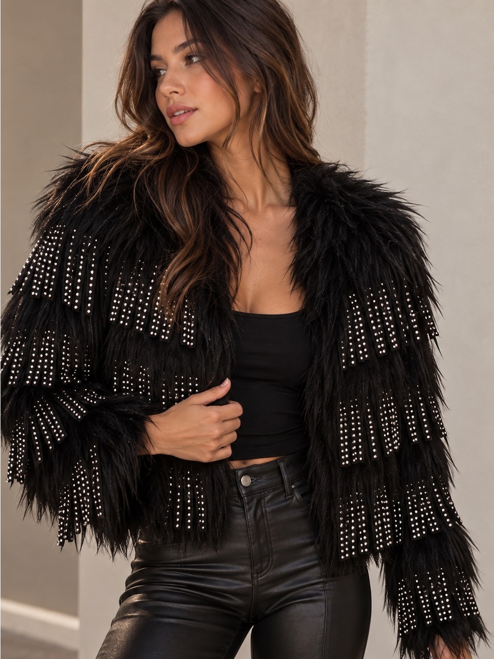 Missguided Black Faux Fur Fringe Jacket with Stud Embellishments